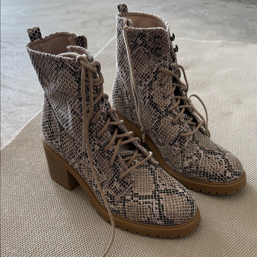 Sonoma Snake-Print Lace-Up Block Heel Boots in Taupe and Black